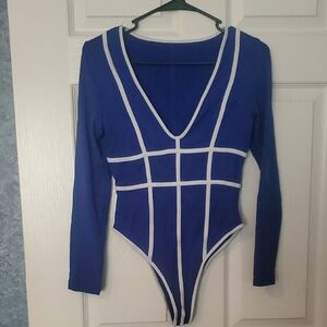 Blue and White Geometric Bodysuit Top with V-Neck